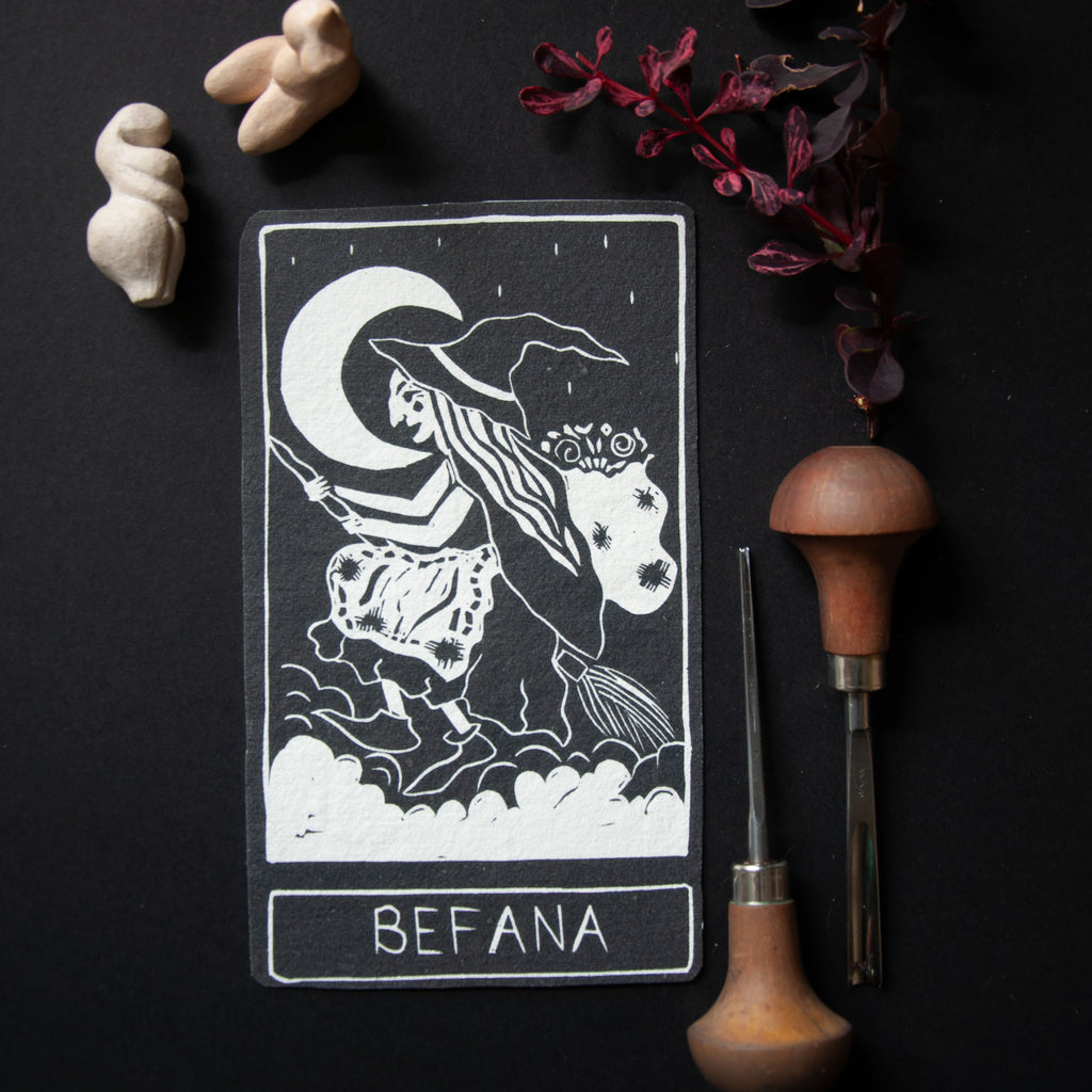 BEFANA ORACLE CARD | Handmade linocut design.