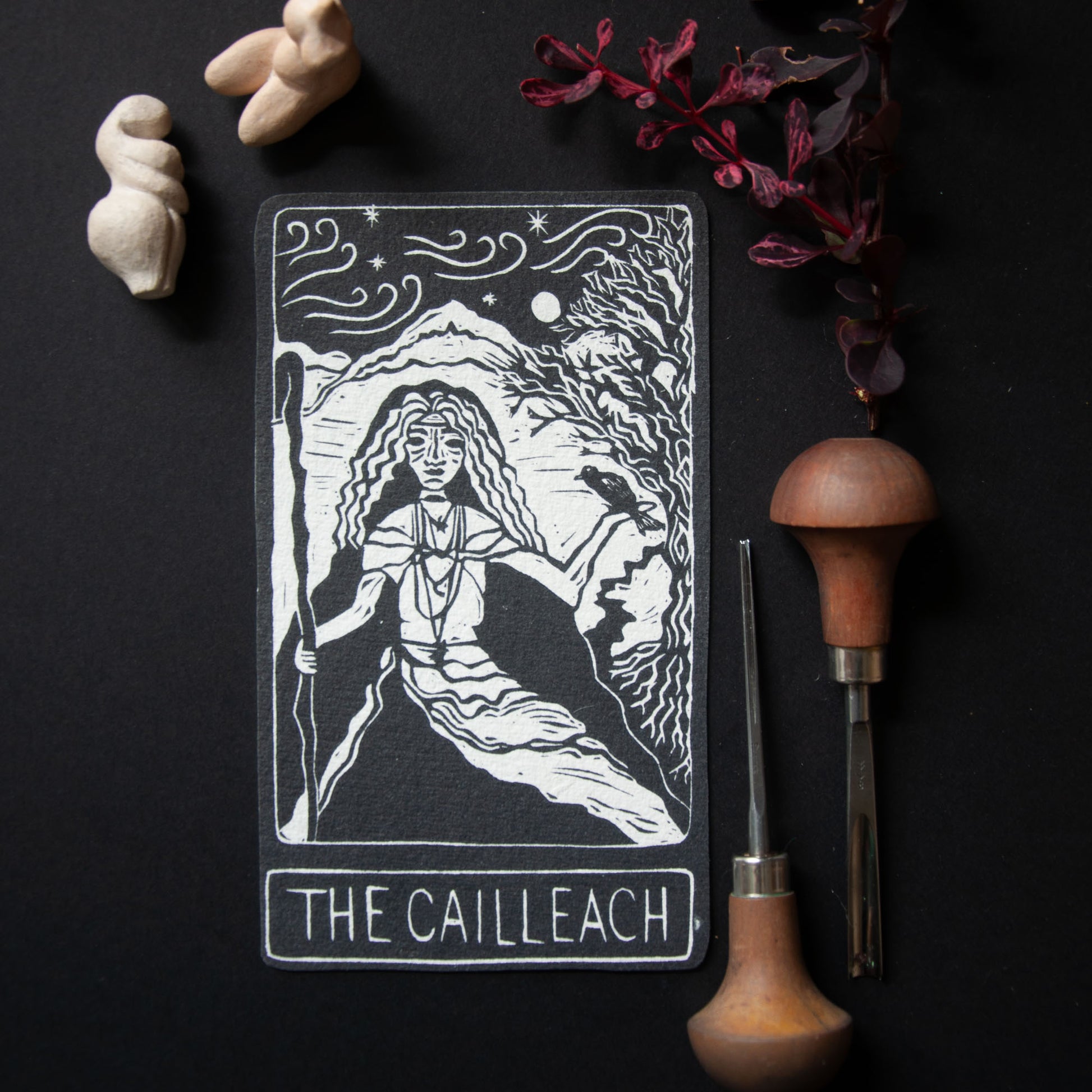 Card featuring 'The Cailleach' with mystical elements on a dark background