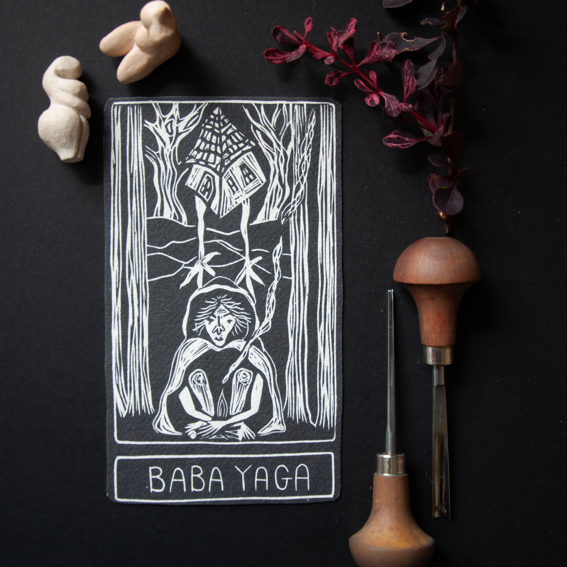 BABA YAGA ORACLE CARD | HANDMADE LINOCUT DESIGN