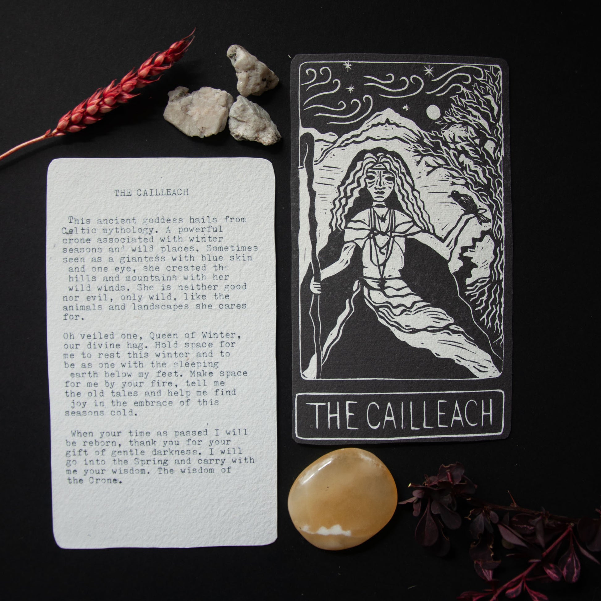 Tarot card titled 'The Cailleach' with descriptive text on a dark background.