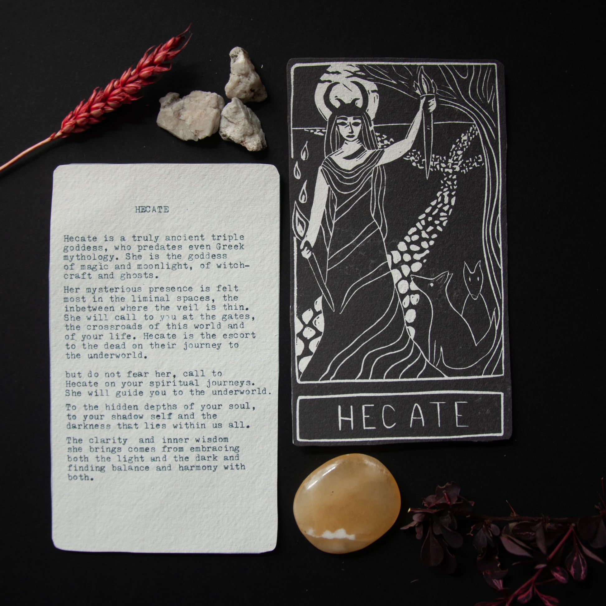 Hecate tarot card with descriptive text on a dark background