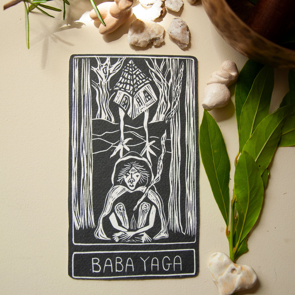 BABA YAGA ORACLE CARD | HANDMADE LINOCUT DESIGN
