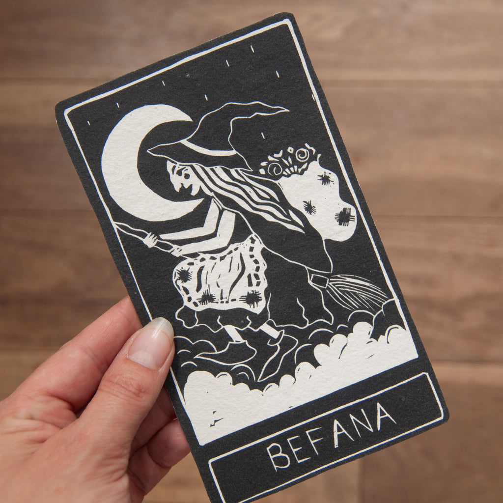BEFANA ORACLE CARD | Handmade linocut design.