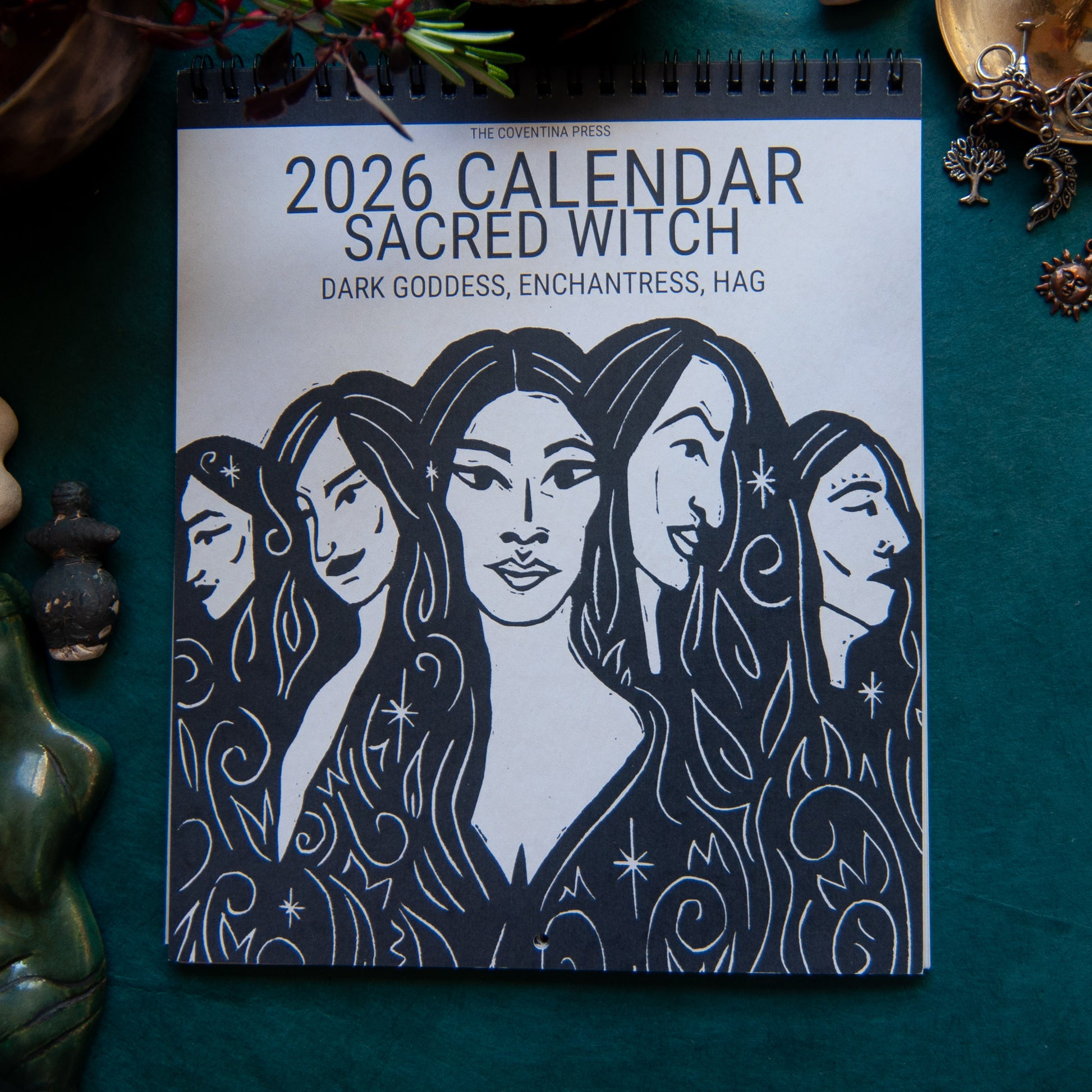Calendar 2026, sacred witch, handmade linocut art. Moon phase calendar.