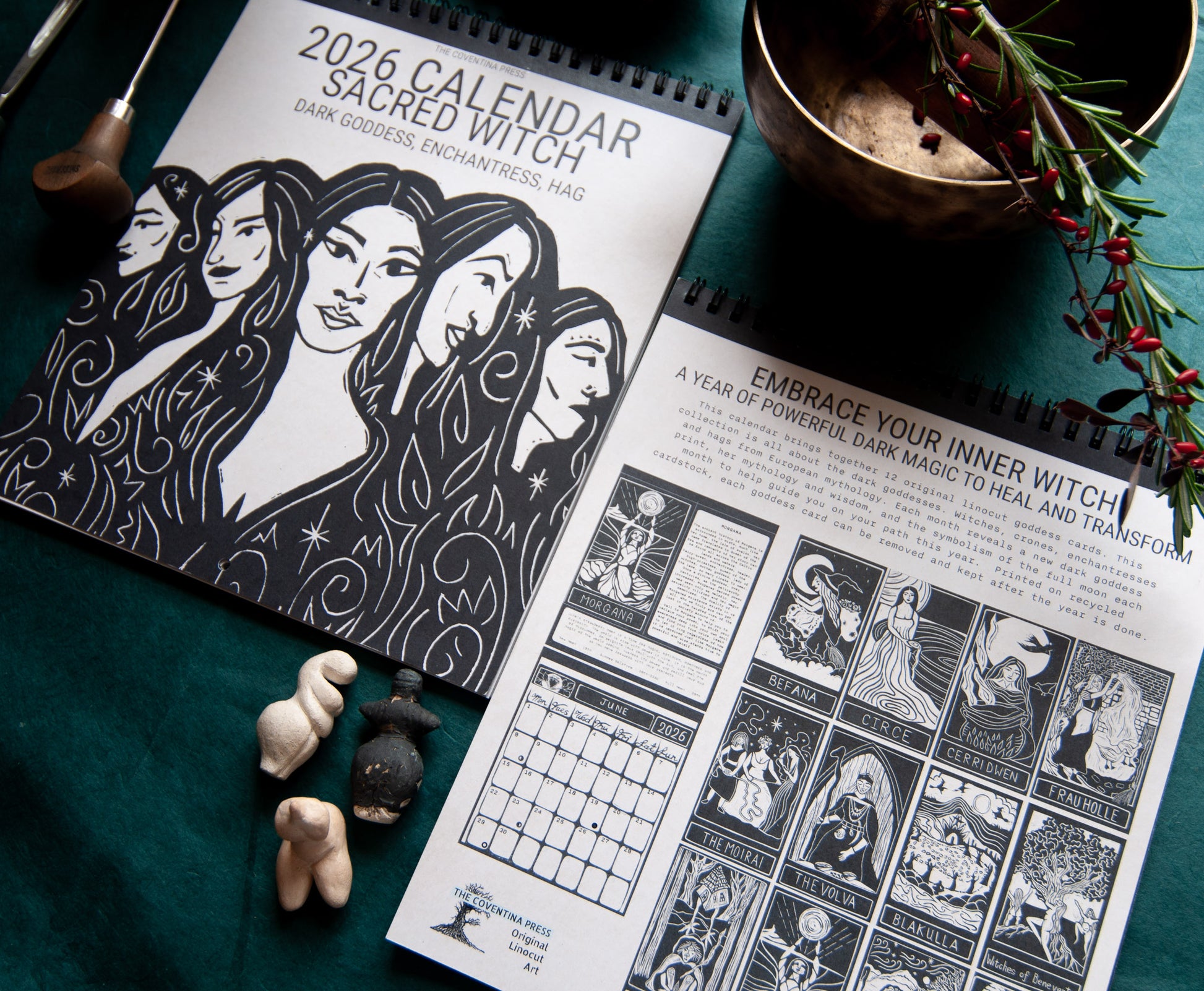 Calendar 2026, sacred witch, handmade linocut art. Moon phase calendar.