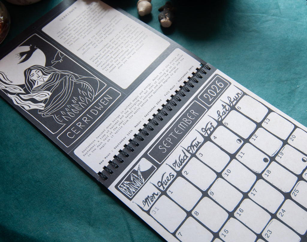 Calendar 2026, sacred witch, handmade linocut art. Moon phase calendar.