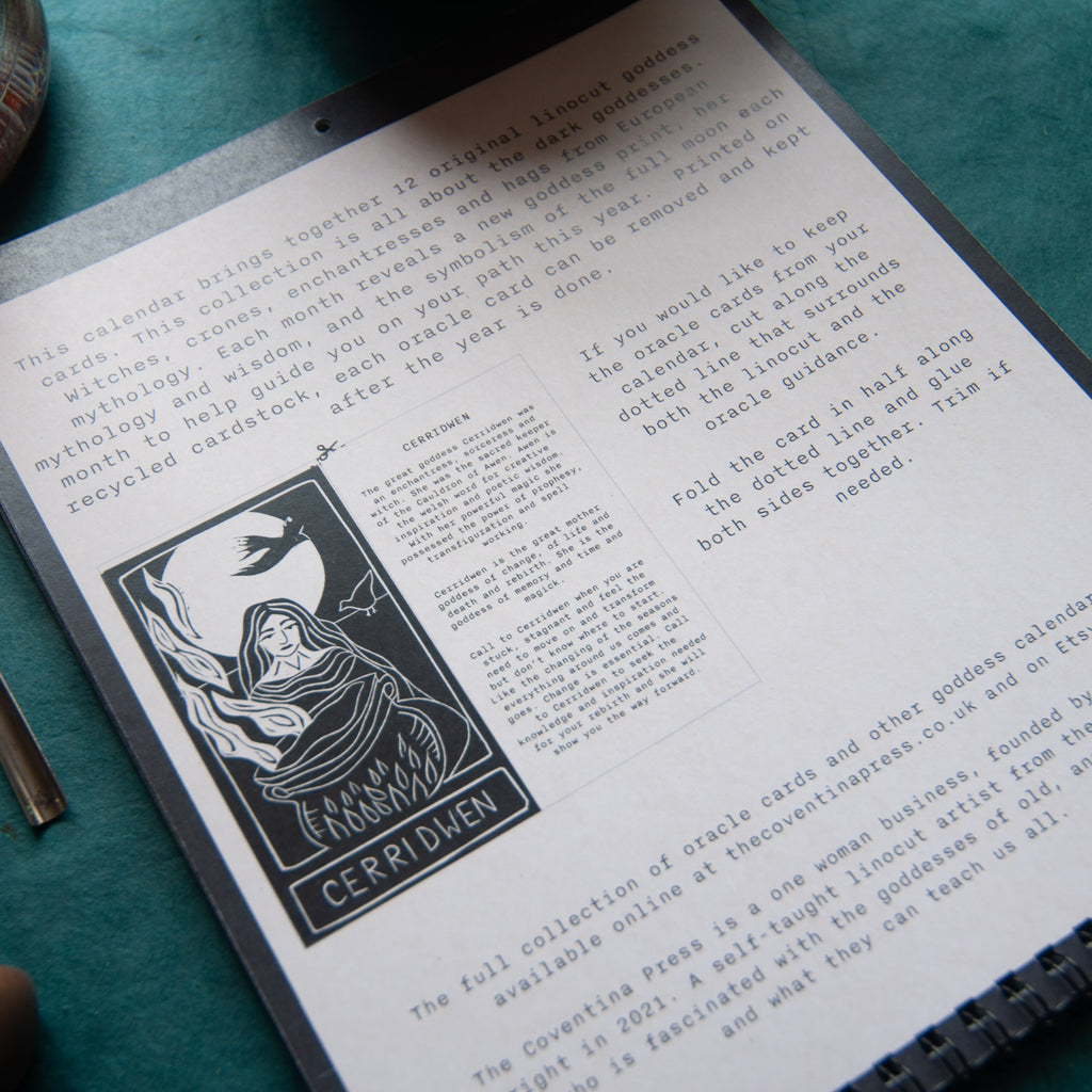 Calendar 2026, sacred witch, handmade linocut art. Moon phase calendar.