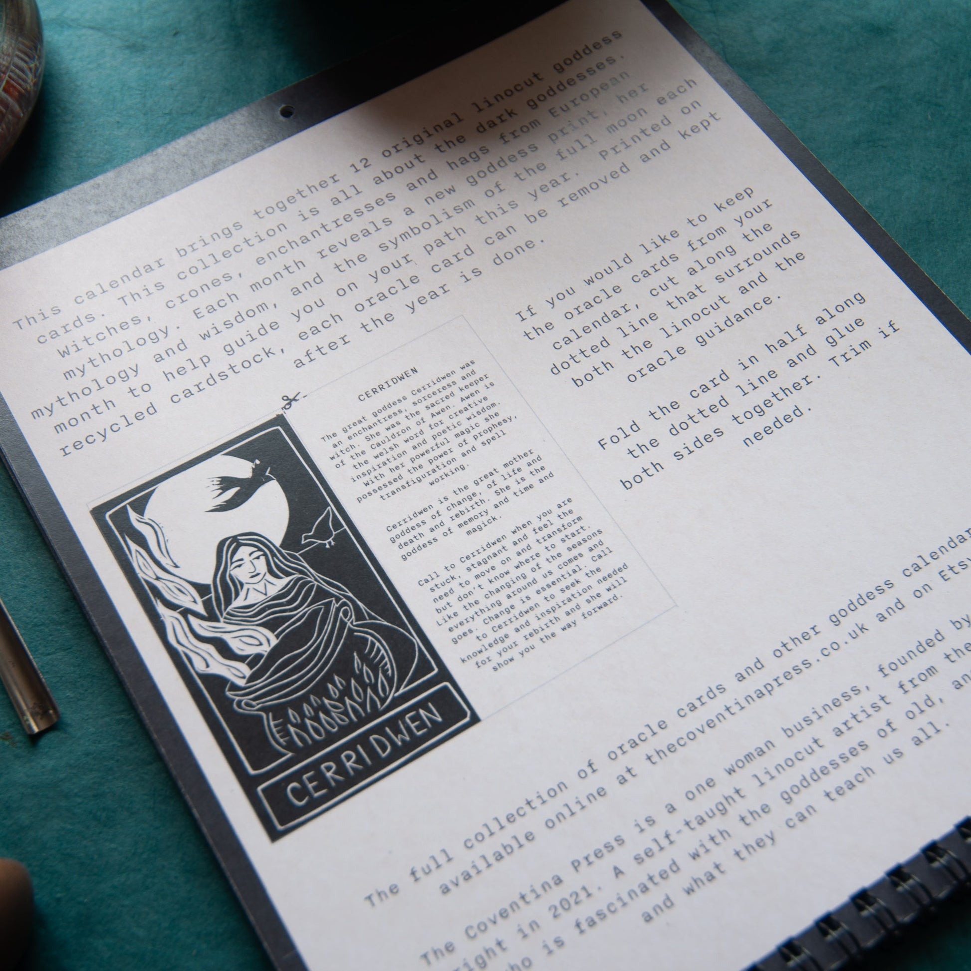 Calendar 2026, sacred witch, handmade linocut art. Moon phase calendar.