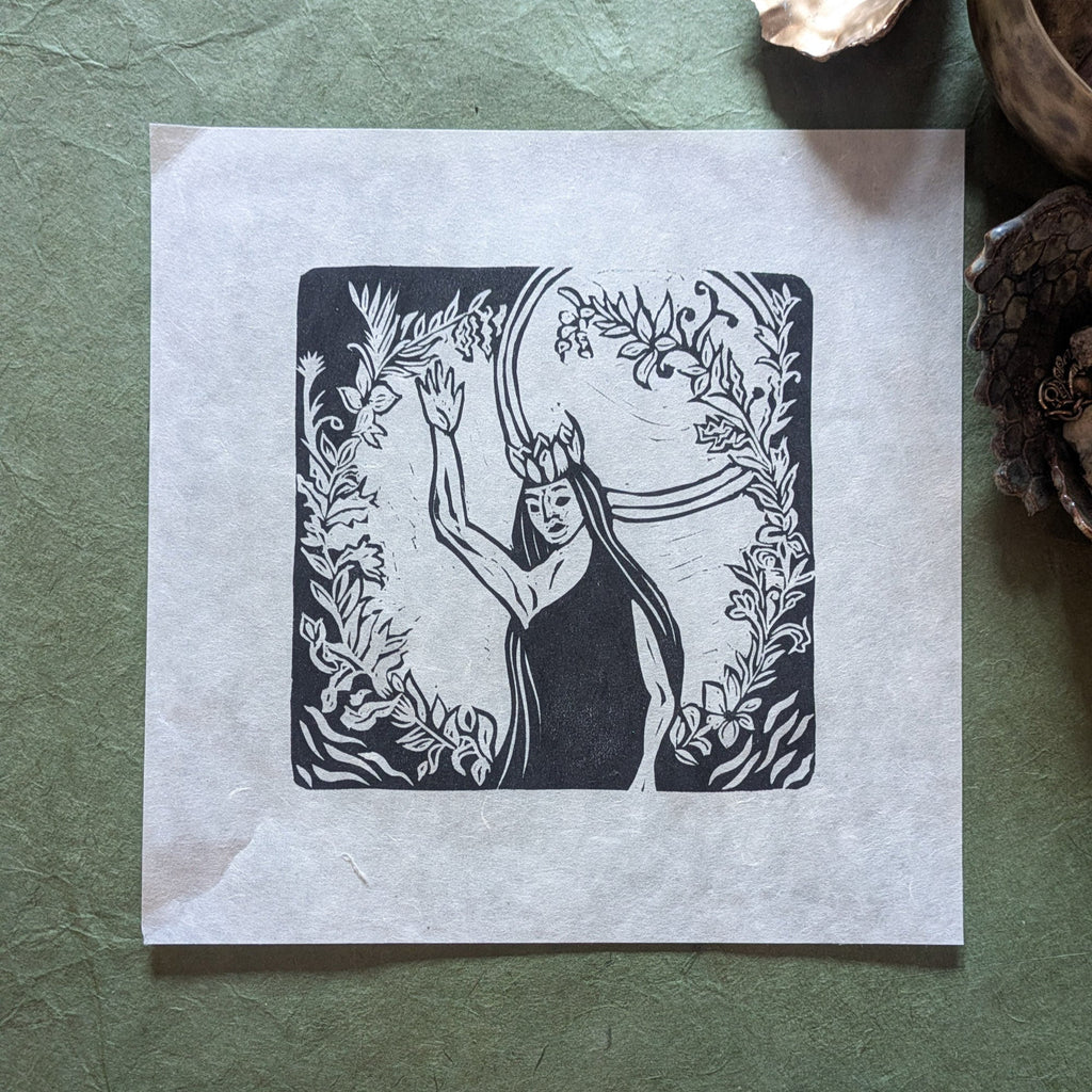Black and white illustration of a woman with plants on a textured green surface