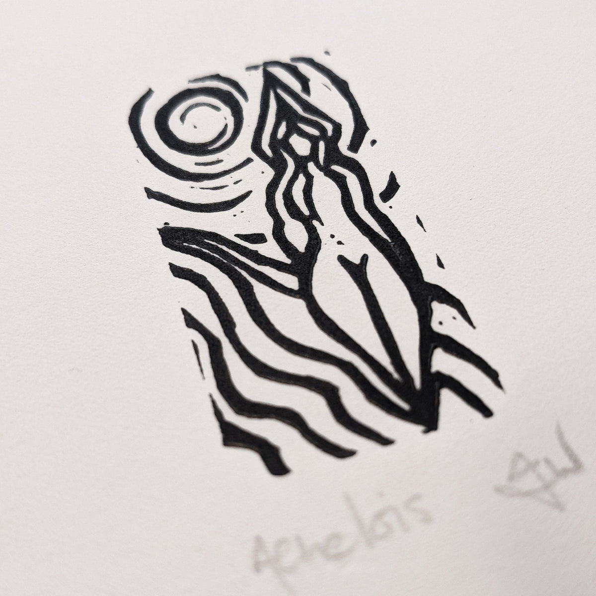 ACHELOIS GREEK MOON GODDESS miniature linocut print in black, depicting a flowing figure beneath a circular moon