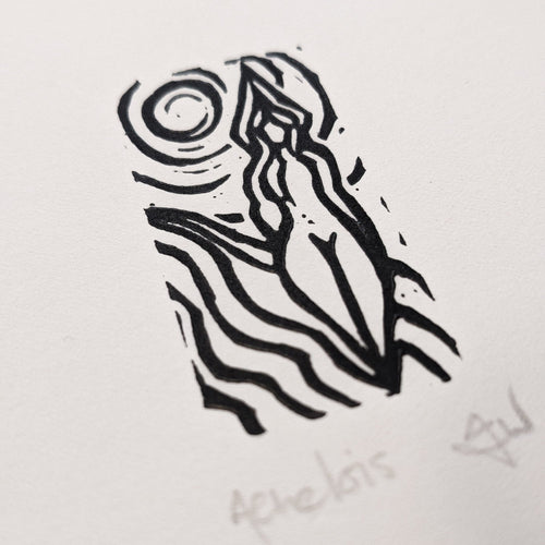 ACHELOIS GREEK MOON GODDESS miniature linocut print in black, depicting a flowing figure beneath a circular moon