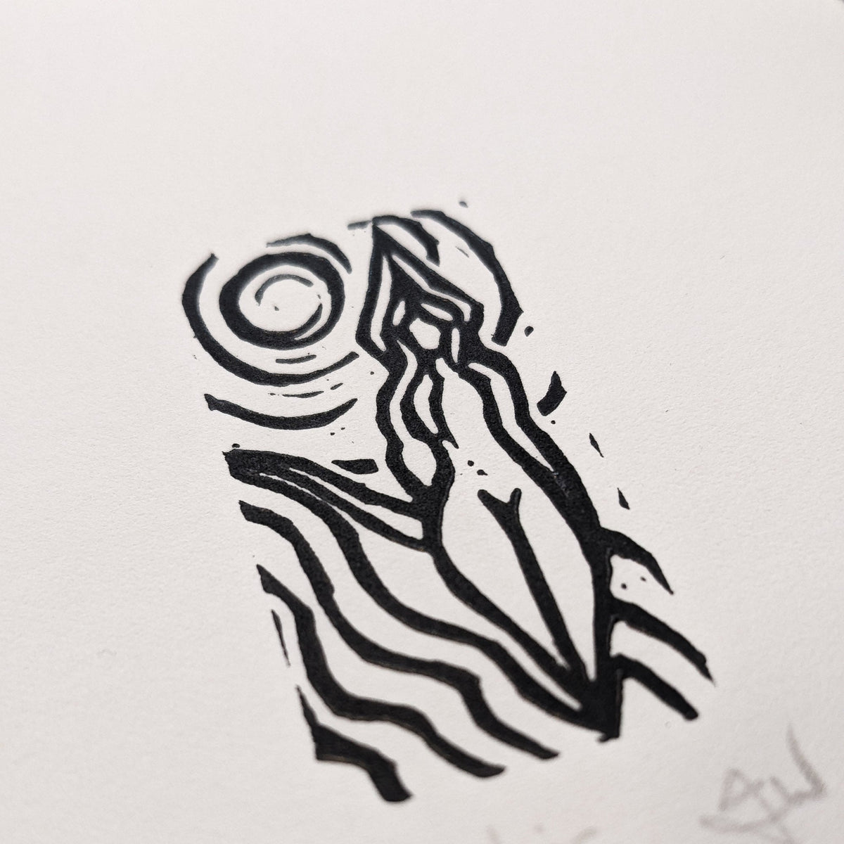 ACHELOIS GREEK MOON GODDESS miniature linocut print in black ink, depicting a flowing figure beside a spiral moon