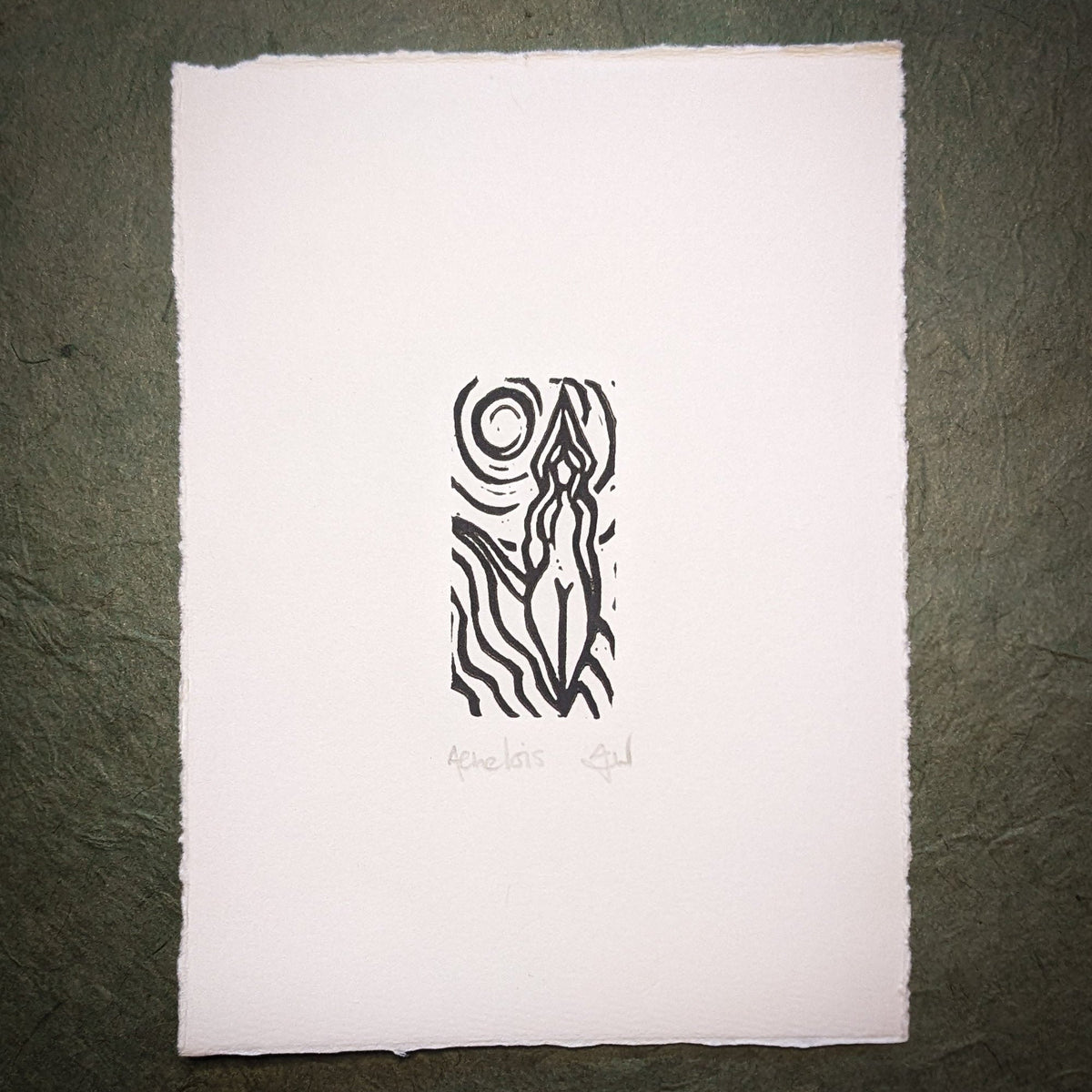 ACHELOIS GREEK MOON GODDESS miniature linocut print in black, featuring a stylized goddess beside a circular moon