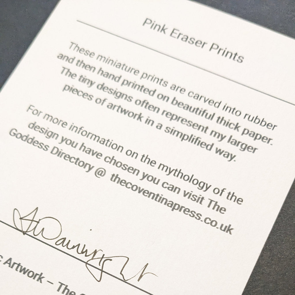 ACHELOIS GREEK MOON GODDESS miniature print information card with black printed text and handwritten signature