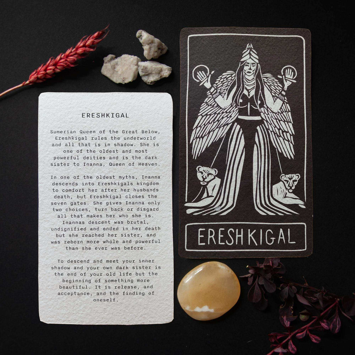 {"alt_text":"ERESHKIGAL ALTAR CARD featuring a black linocut goddess with white line art, paired with a text card on textured paper","filename_slug":"ERESHKIGAL-ALTAR-CARD-black-linocut-goddess-white-line-art"}{"alt_text":"ERESHKIGAL ALTAR CARD featuring a black linocut goddess with white line art, paired with a text card on textured paper","filename_slug":"ERESHKIGAL-ALTAR-CARD-black-linocut-goddess-white-line-art"}
