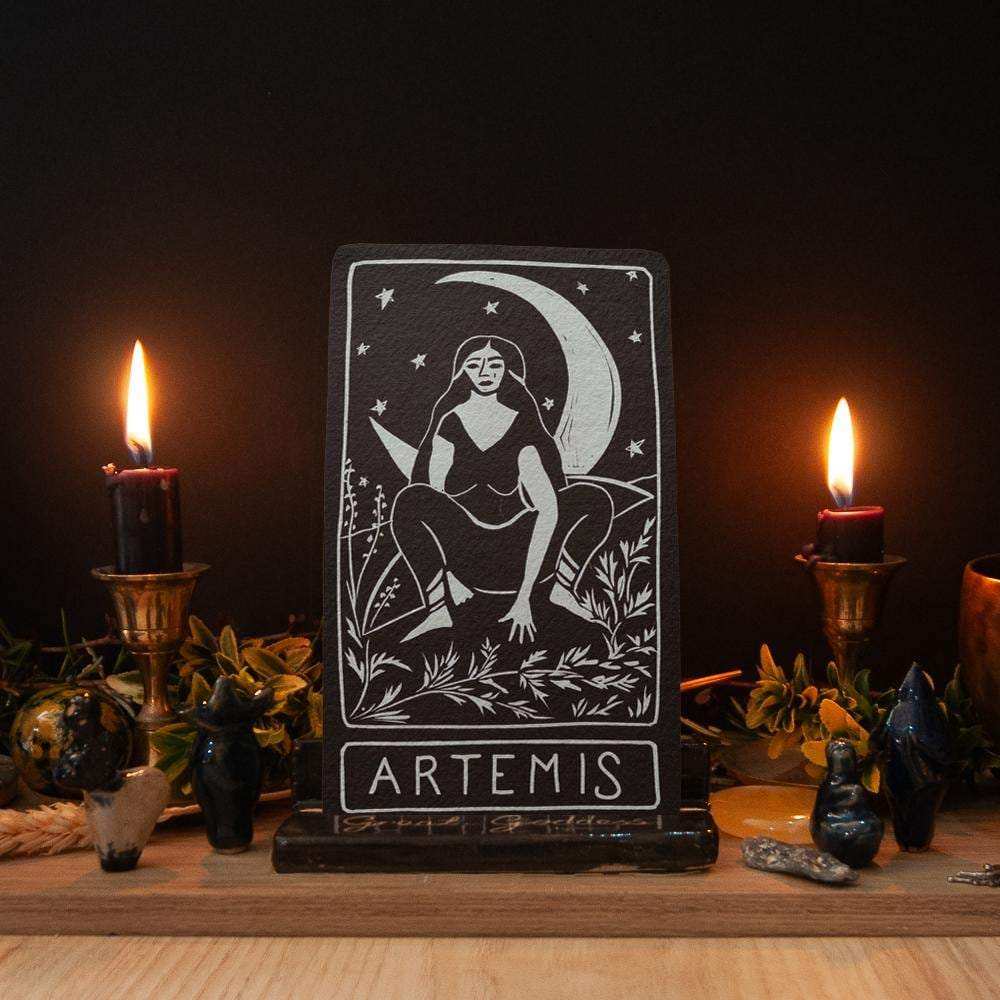 ARTEMIS ALTAR CARD with a black-and-white linocut of a seated goddess, crescent moon, stars and foliage