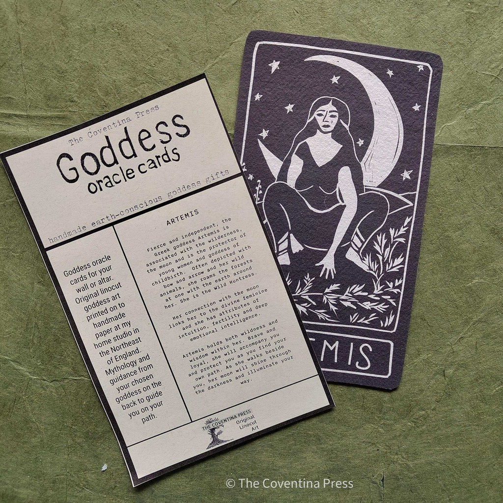 ARTEMIS ALTAR CARD with monochrome linocut of a seated goddess beneath a crescent moon and stars