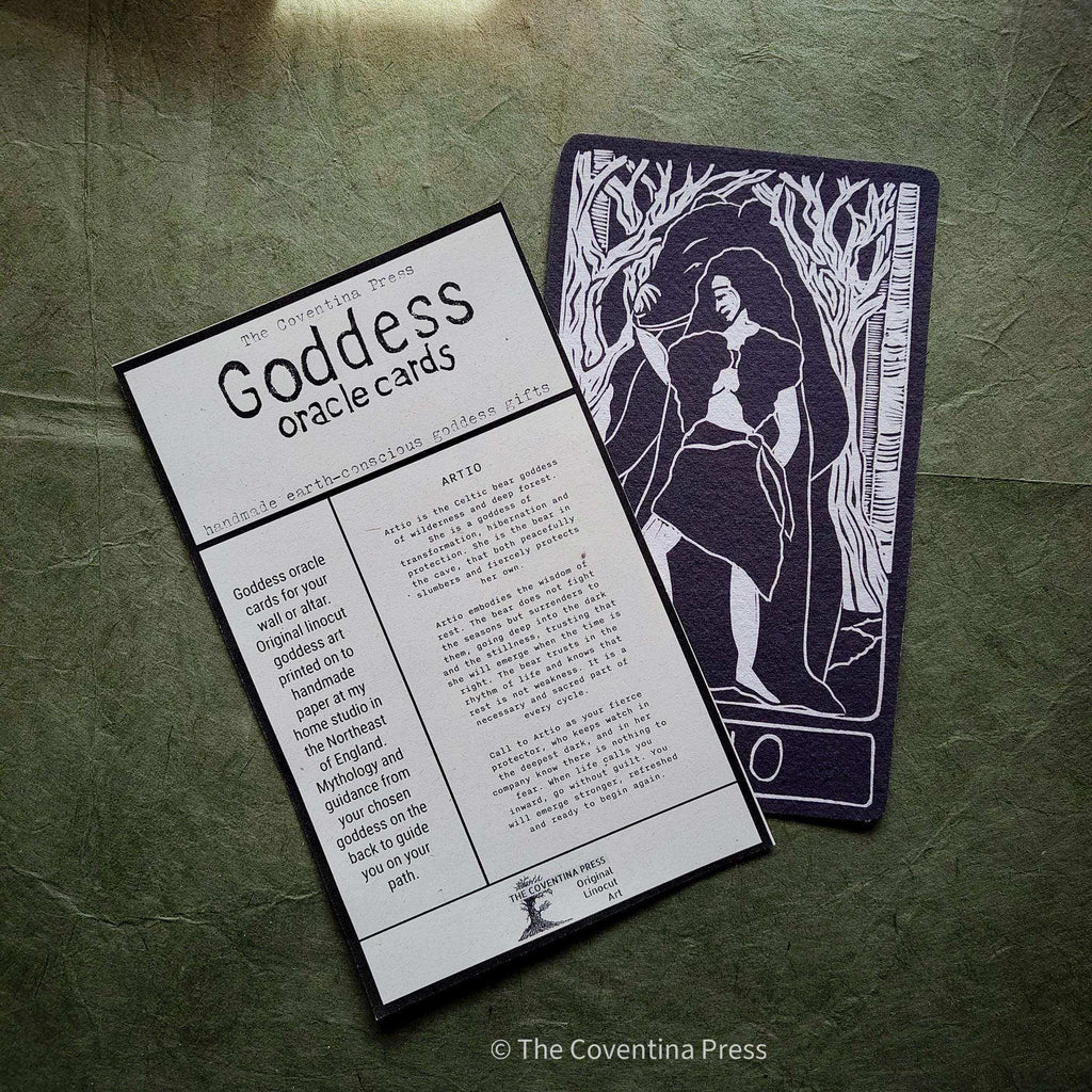 ARTIO ALTAR CARD featuring a black-and-white linocut of a woman among trees, with printed deity guidance on the reverse