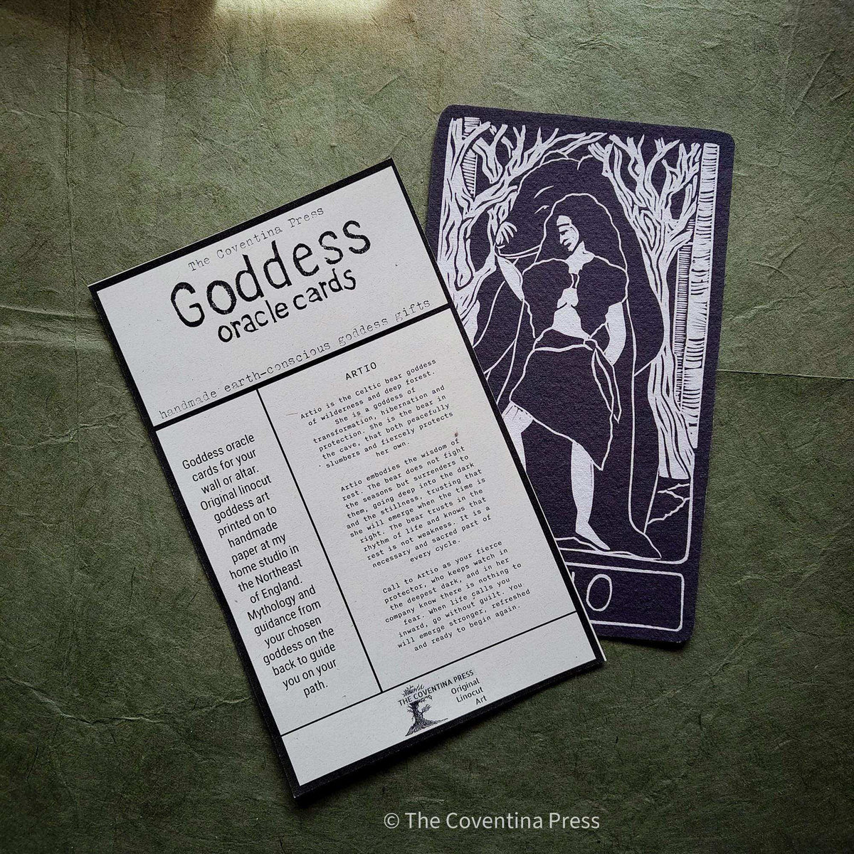 ARTIO ALTAR CARD featuring a black-and-white linocut of a woman among trees, with printed deity guidance on the reverse