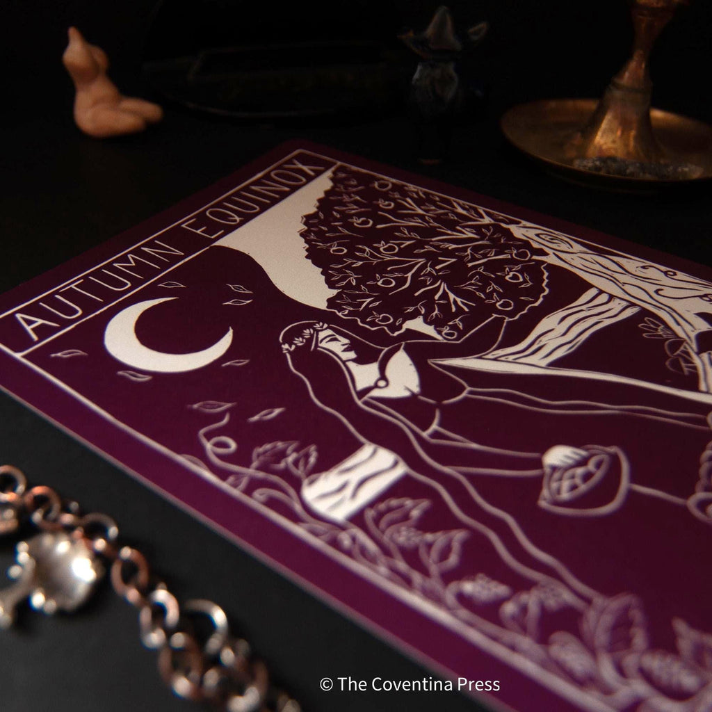 AUTUMN EQUINOX Altar Card featuring a burgundy and cream linocut of a reclining figure beneath a tree and crescent moon