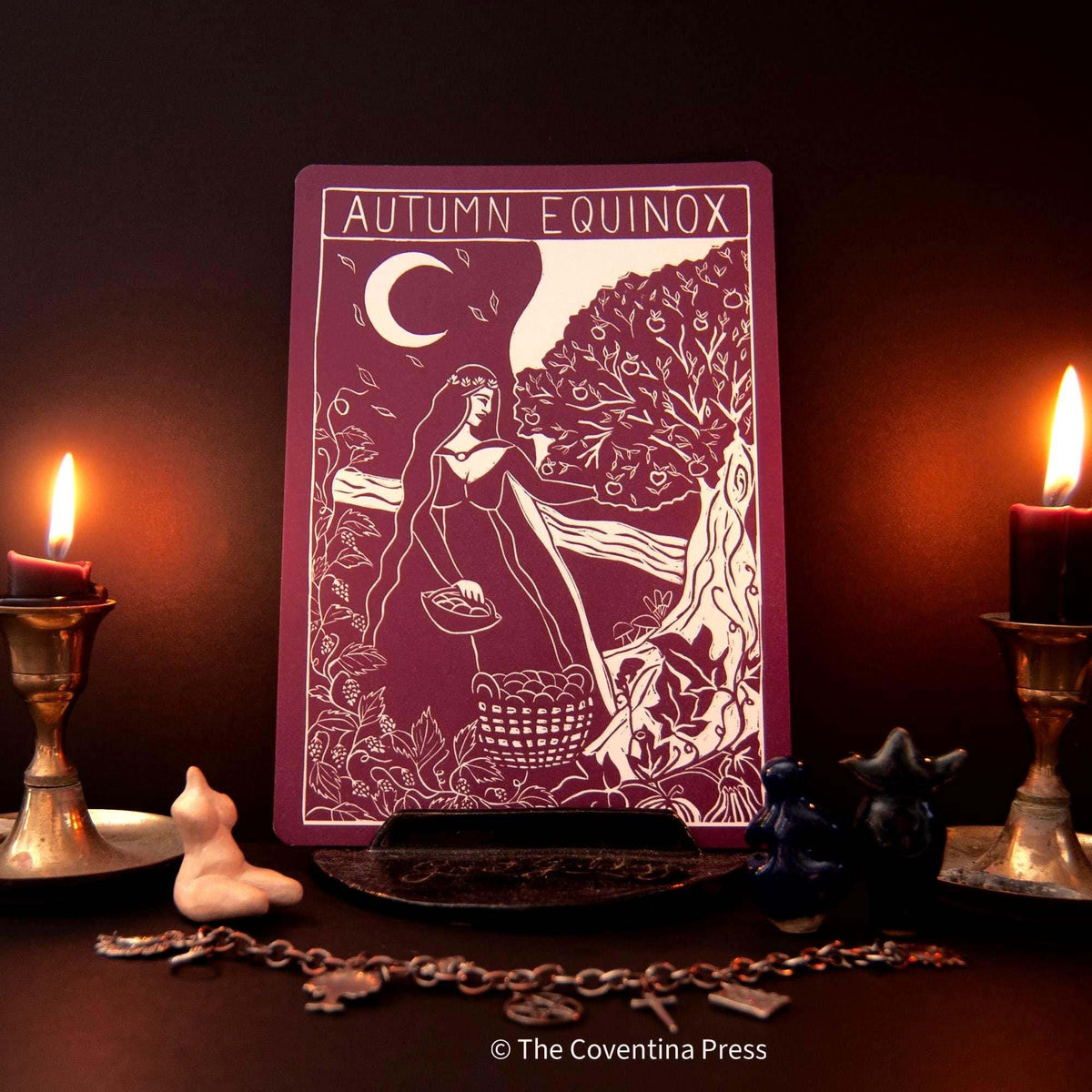 AUTUMN EQUINOX Altar Card with burgundy and cream linocut artwork depicting a woman, crescent moon and tree