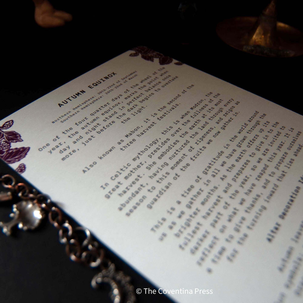 AUTUMN EQUINOX Altar Card with cream cardstock, black printed text and purple botanical linocut details