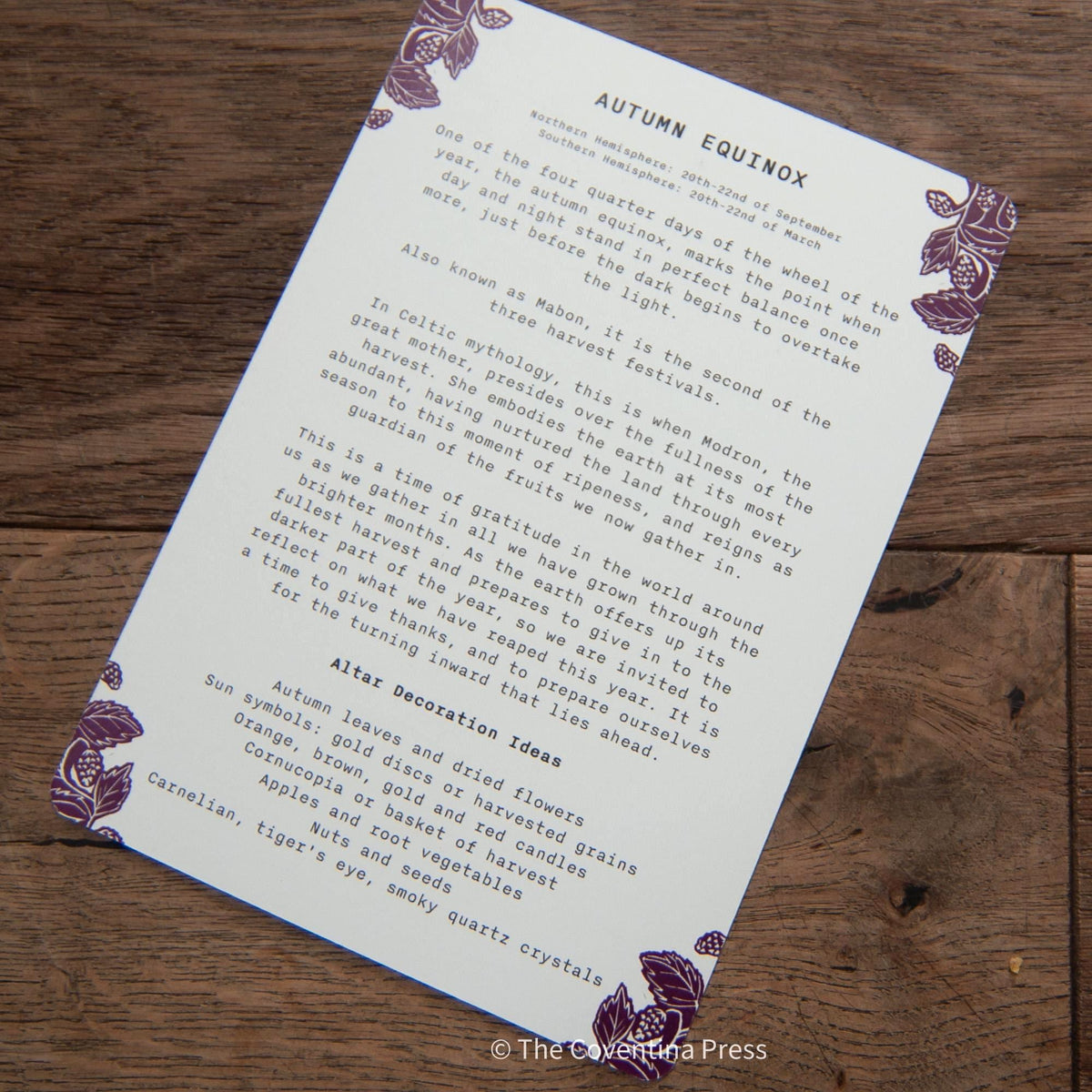 AUTUMN EQUINOX Altar Card printed on white cardstock with purple botanical linocut motifs framing the text