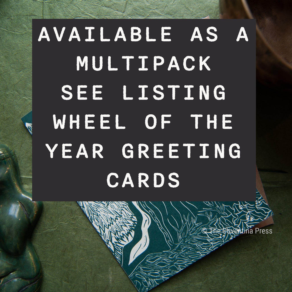 AUTUMN EQUINOX GREETING CARD with a blue and white linocut design featuring a flowing-haired figure and foliage