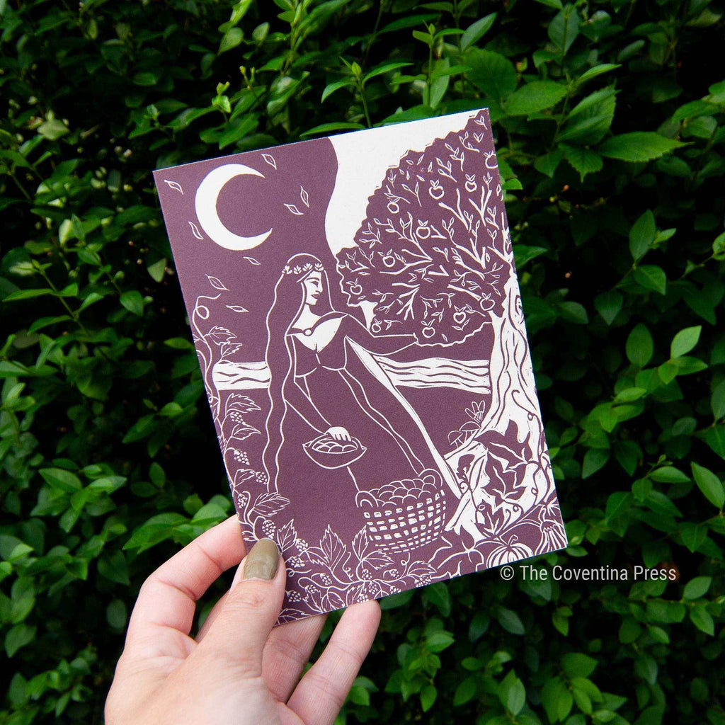 AUTUMN EQUINOX GREETING CARD in mauve and cream, with a linocut-style woman, crescent moon and leafy tree
