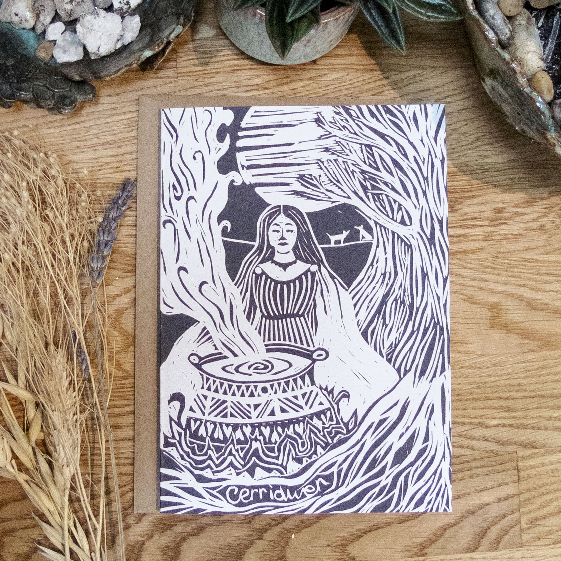 GODDESS CERRIDWEN | Greeting card | Linocut design image 0