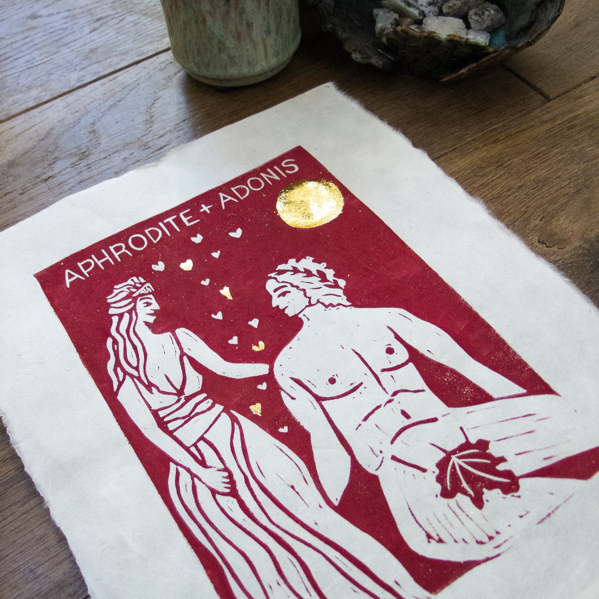 APHRODITE AND ADONIS | GREEK LOVERS |  Original linocut print image 6