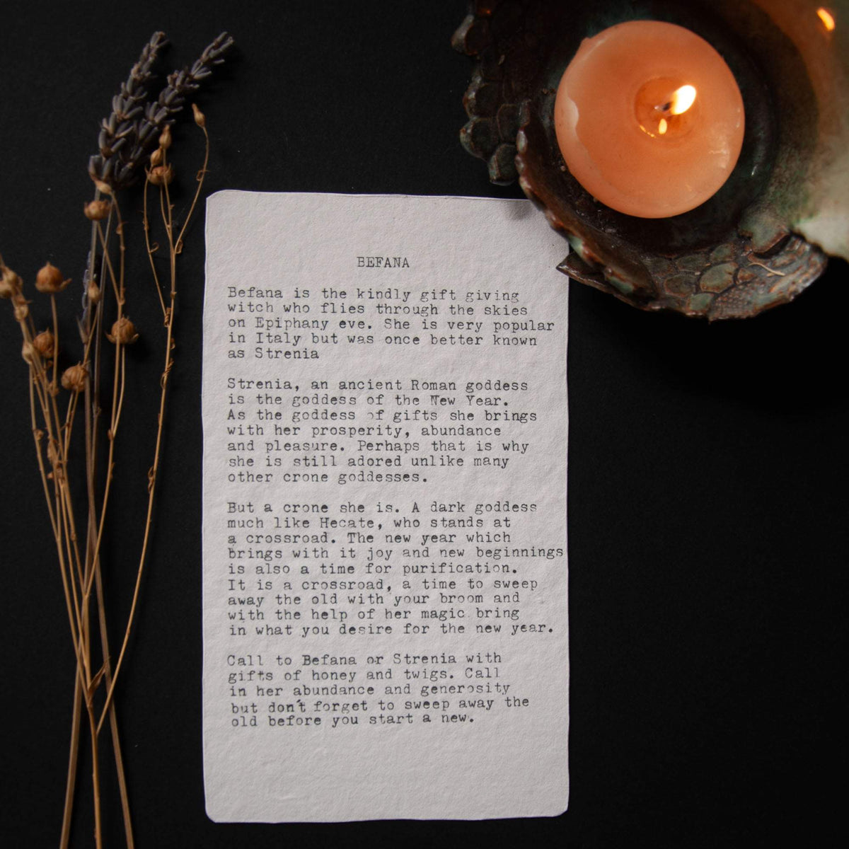 BEFANA ORACLE CARD in cream cotton-rag paper, with a black typewritten-style goddess guidance text and small heading.