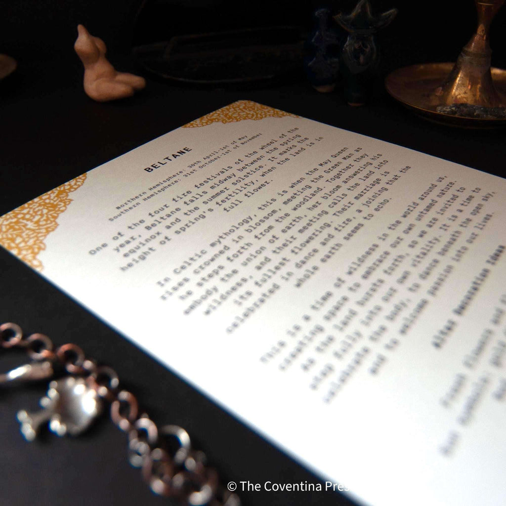 BELTANE | Altar card printed on cream cardstock with black text and an intricate golden ornamental border