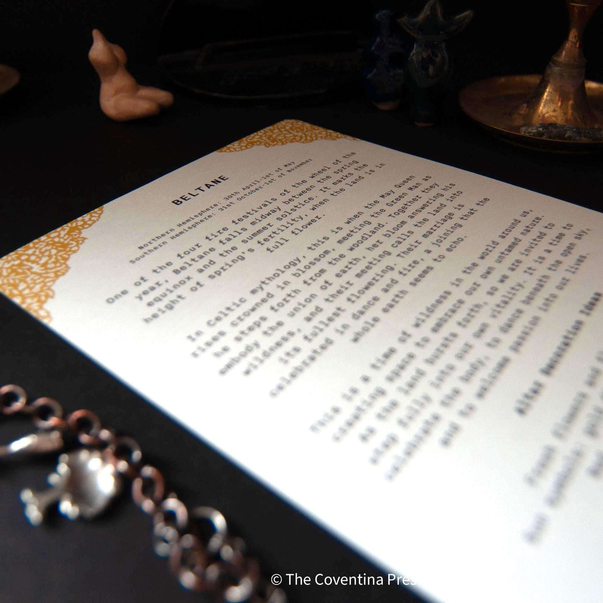 BELTANE | Altar card printed on cream cardstock with black text and an intricate golden ornamental border