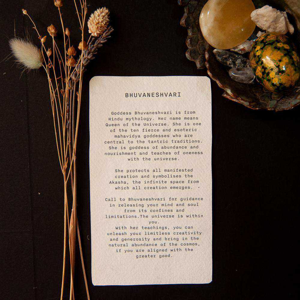 BHUVANESHVARI ALTAR CARD, cream textured cotton rag with dark brown printed goddess mythology and guidance text