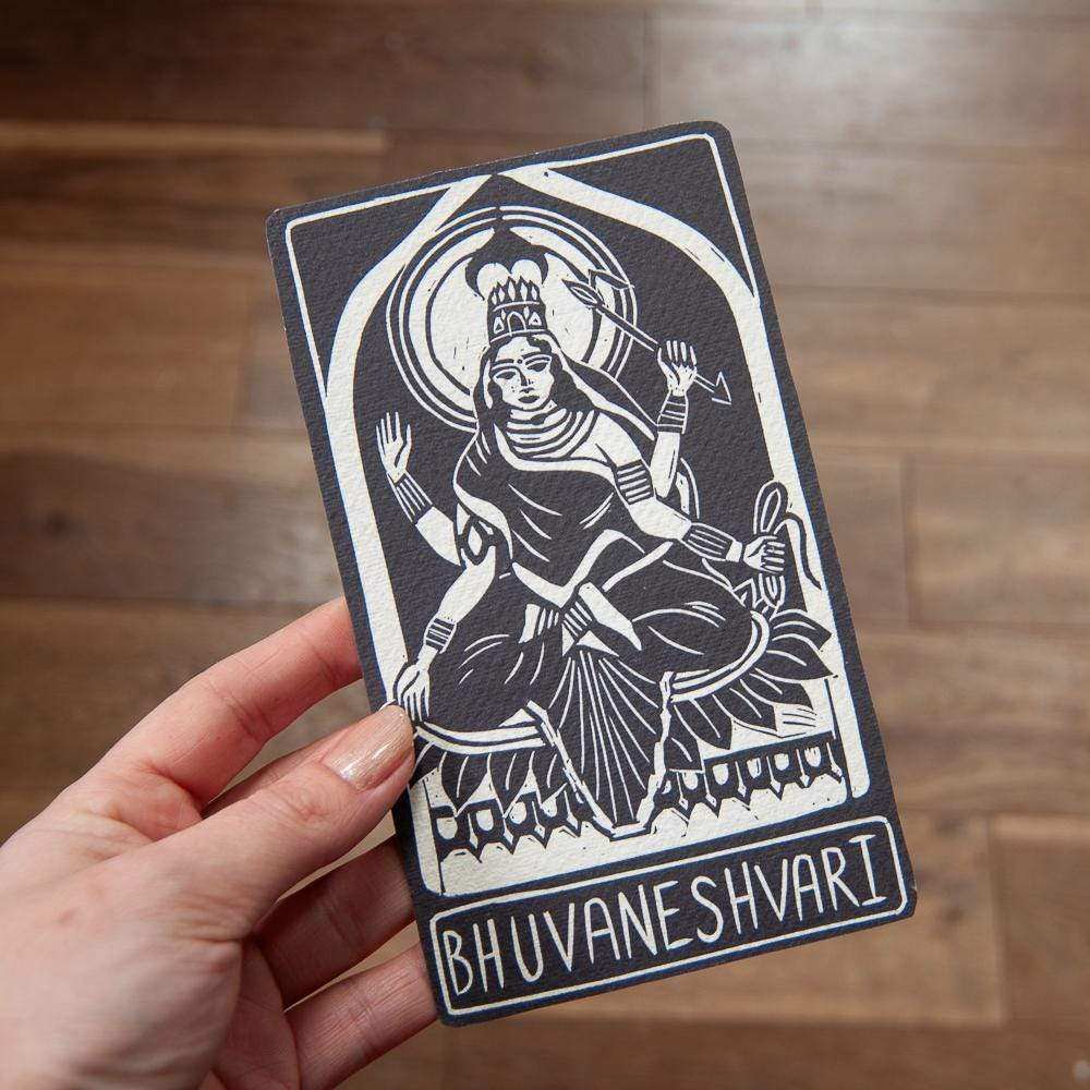 BHUVANESHVARI ALTAR CARD featuring a black and cream linocut goddess illustration with a crowned figure and border
