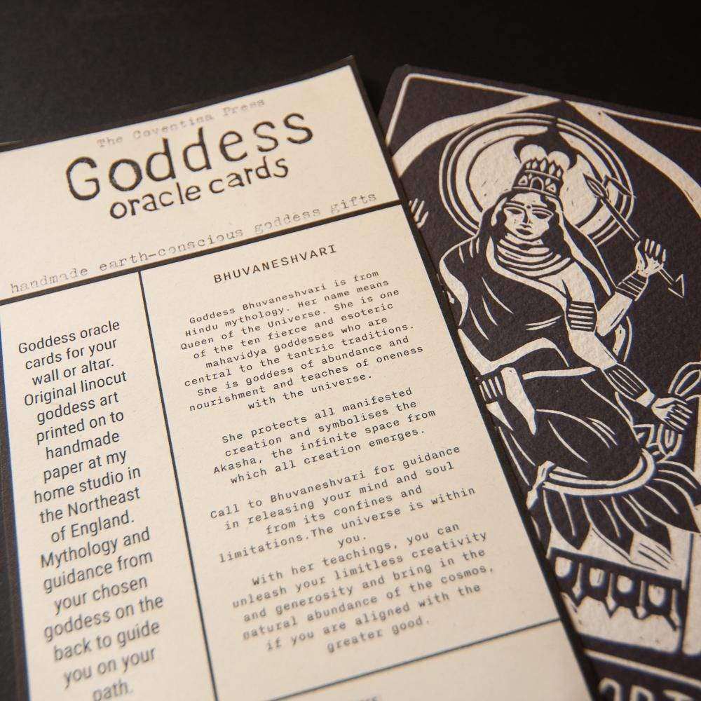BHUVANESHVARI ALTAR CARD featuring a black and cream goddess linocut with the printed oracle card reverse beside it