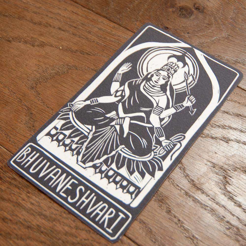 BHUVANESHVARI ALTAR CARD with a black-and-white goddess linocut, showing a crowned multi-armed figure in flowing robes