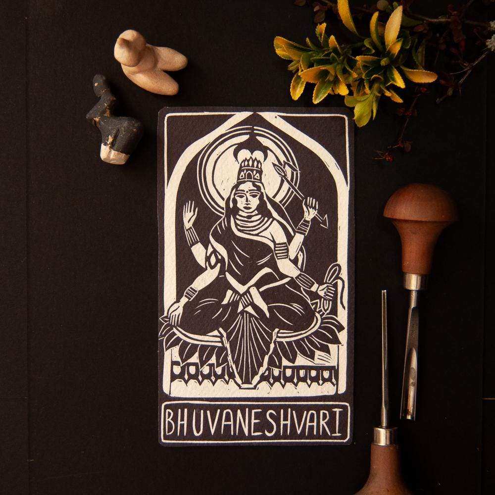 BHUVANESHVARI ALTAR CARD featuring a cream linocut goddess illustration on a dark brown card with a printed name