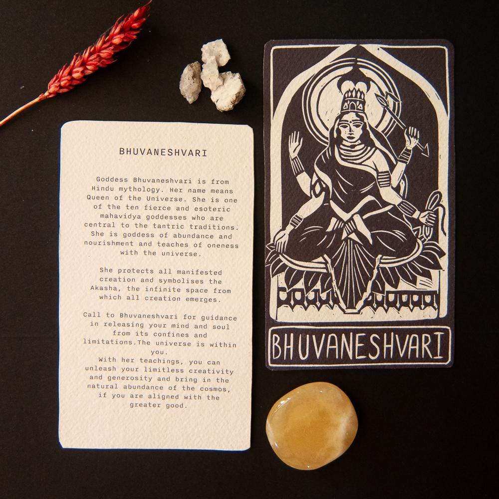 BHUVANESHVARI ALTAR CARD, cream cotton rag card with a black linocut goddess illustration and printed guidance