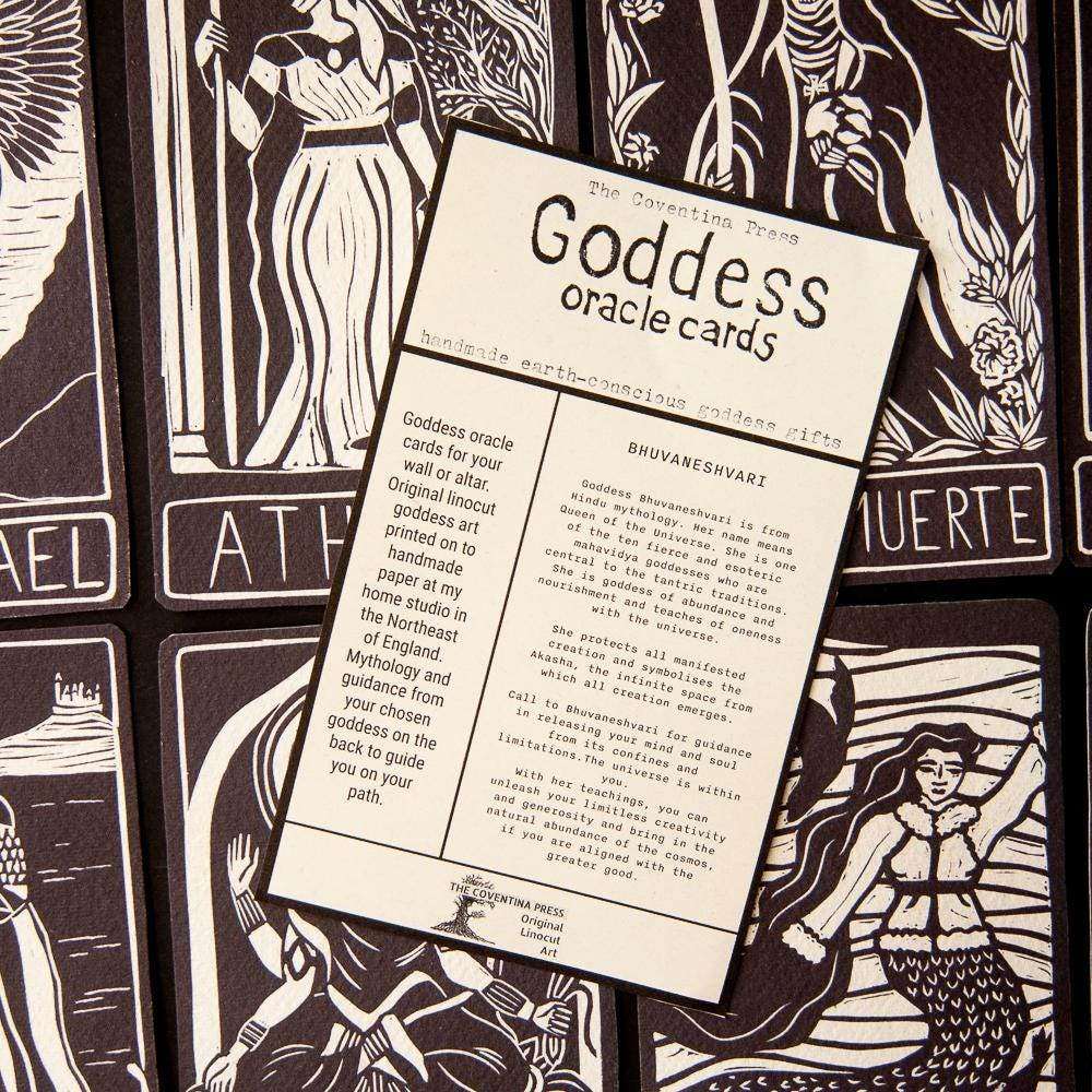 BHUVANESHVARI ALTAR CARD with a cream printed information side, bordered in black with goddess guidance text and title