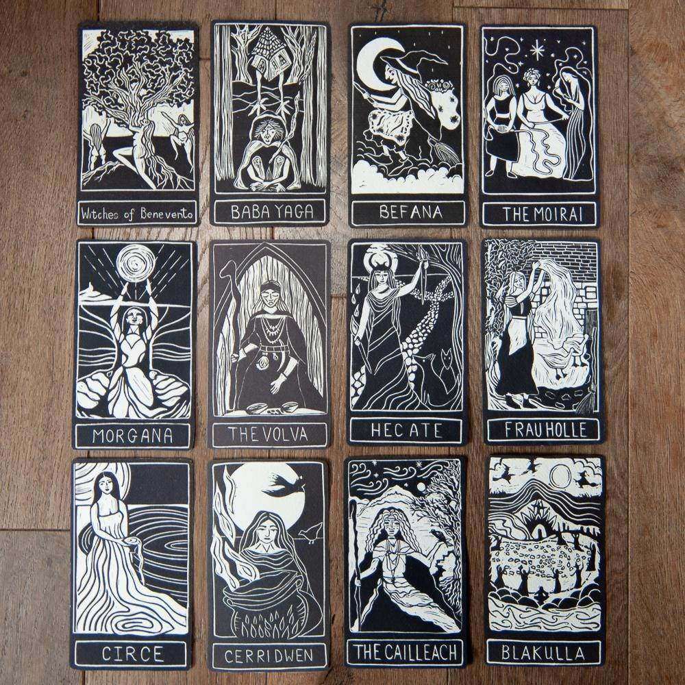 BHUVANESHVARI ALTAR CARD among twelve black-and-white linocut goddess cards, each with a framed illustration and name