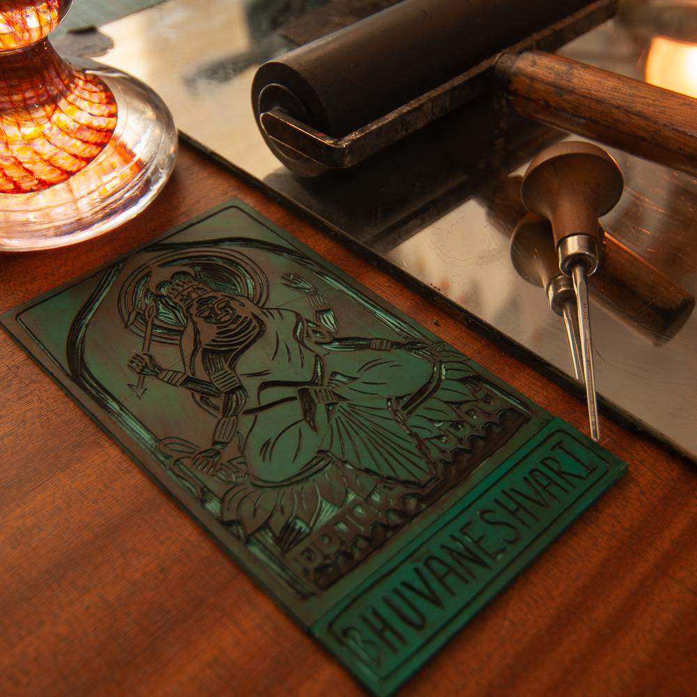 BHUVANESHVARI ALTAR CARD in deep green with a black linocut goddess design and carved lettering