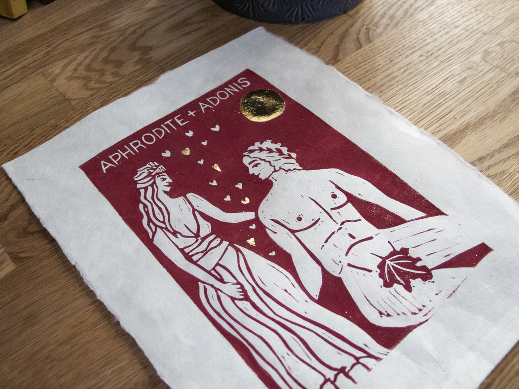 APHRODITE AND ADONIS | GREEK LOVERS |  Original linocut print image 1
