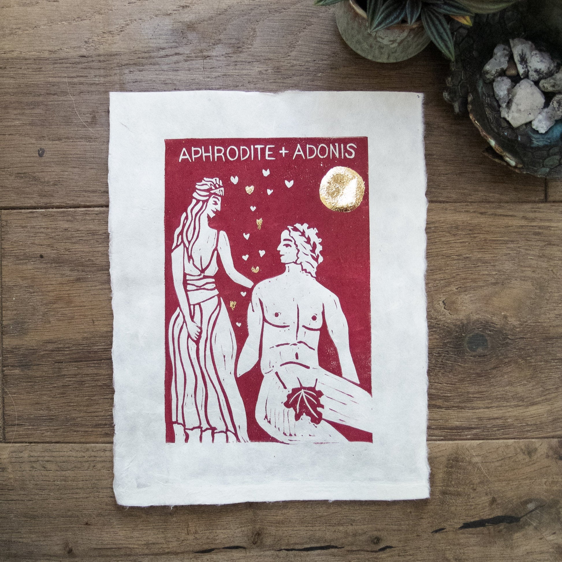 APHRODITE AND ADONIS | GREEK LOVERS |  Original linocut print image 0