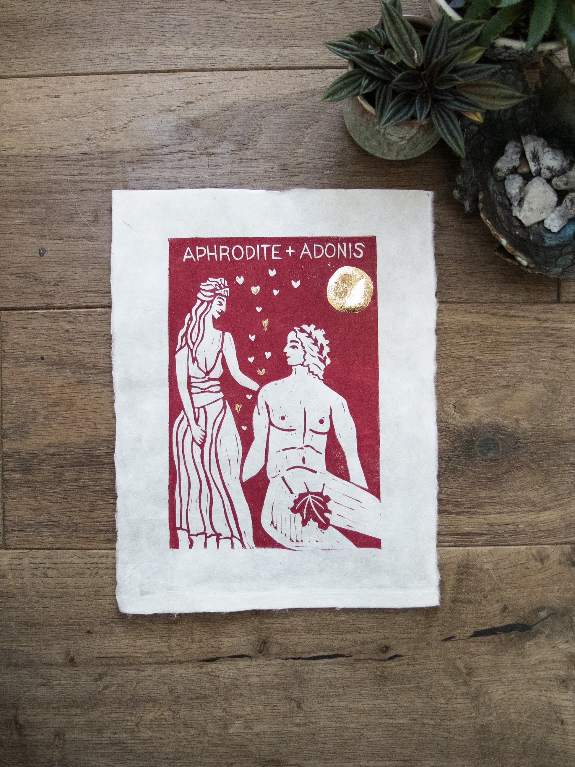 APHRODITE AND ADONIS | GREEK LOVERS |  Original linocut print image 0