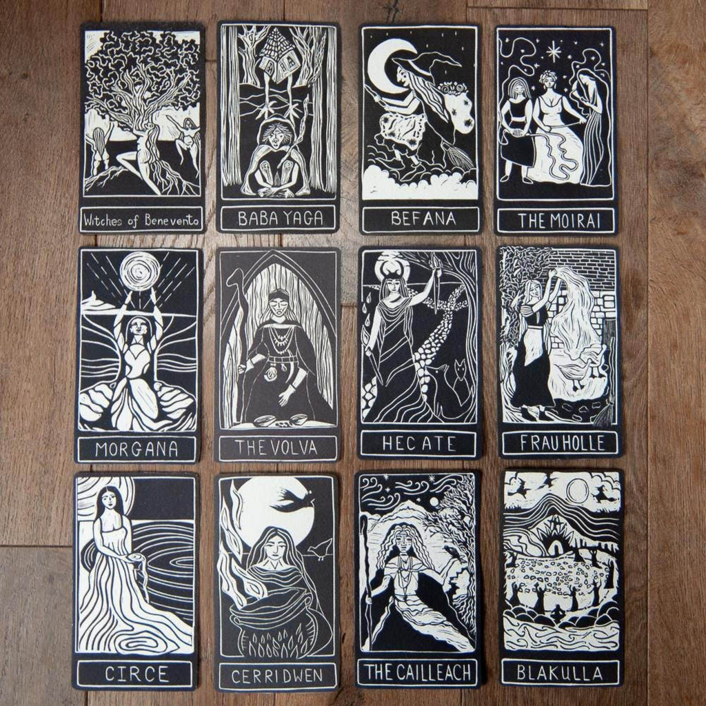 CHRIST CONSCIOUS ALTAR CARD collection of black and cream linocut oracle cards with mythic figures and hand-lettered names