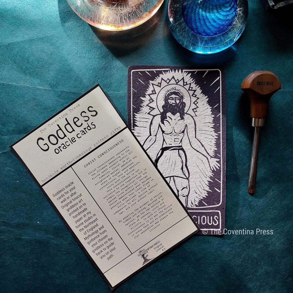 CHRIST CONSCIOUS ALTAR CARD with a black and white linocut of a haloed figure and printed guidance on the reverse
