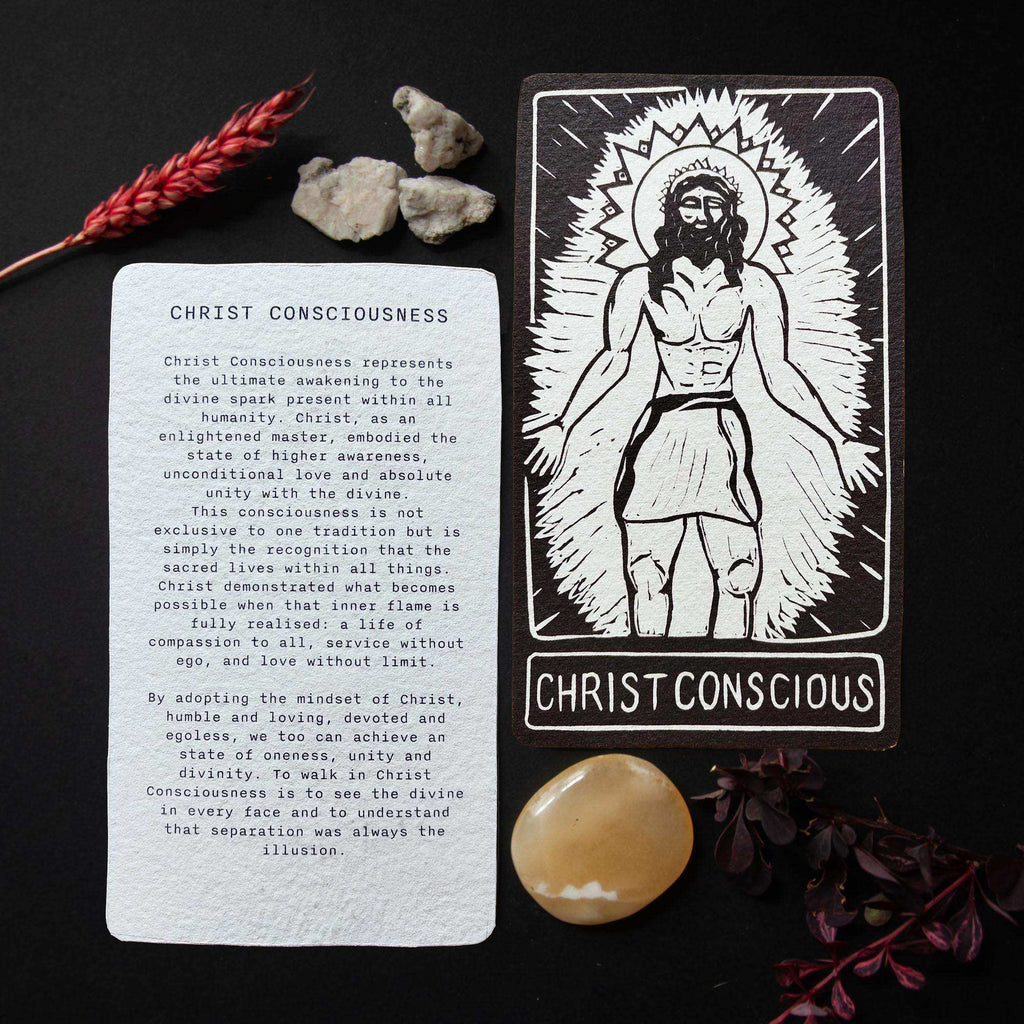 CHRIST CONSCIOUS ALTAR CARD with a black-and-white linocut figure, radiant halo and bold lettering beside a printed guidance card