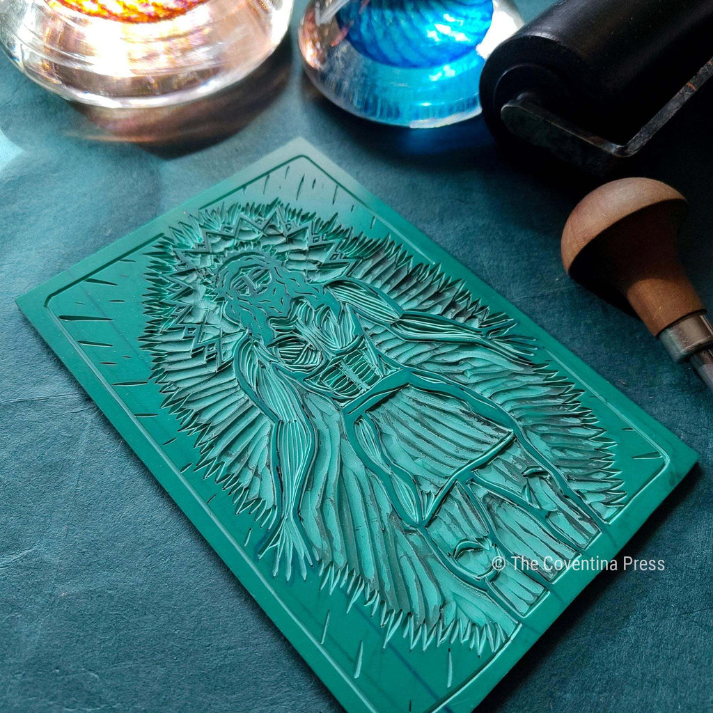 CHRIST CONSCIOUS ALTAR CARD with a teal linocut-style figure, radiant halo, and etched decorative border